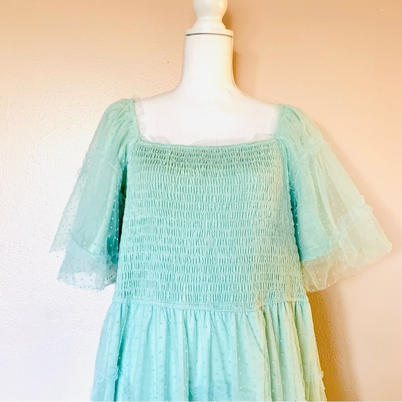 Polagram Mint Green Tulle Swiss Dot Smocked Tiered Dress. - Picture 2 of 16